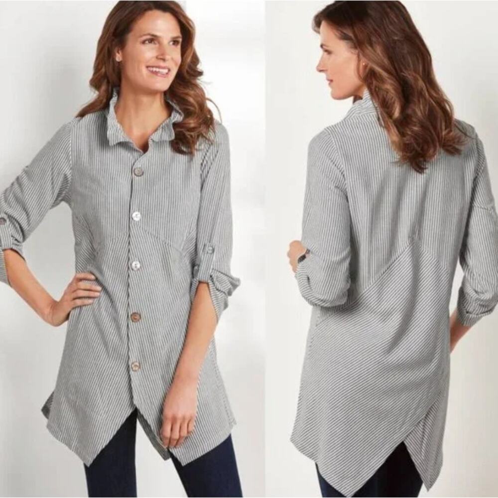 Soft Surroundings Sasha Striped Tunic Shirt Women XS Gray White Coastal